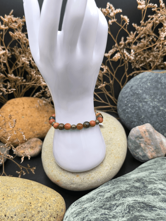 BP.032 bracelet pyrite, bronzite et pierre de synthèse