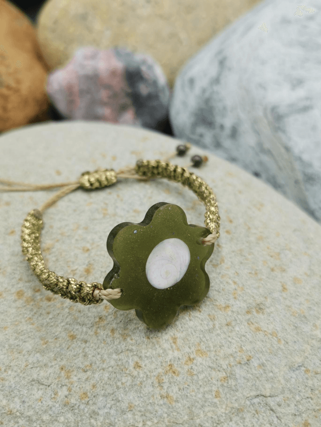 BCO-032 Bracelet grosse fleur kaki doré 