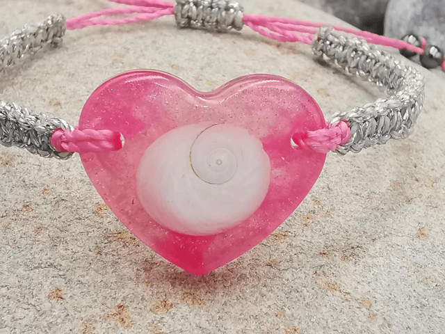 BCO-026 Bracelet gros cœur rose et argent 