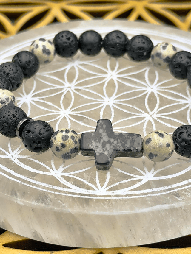 BP.004 Bracelet croix obsidienne, Jaspe et pierre de lave 